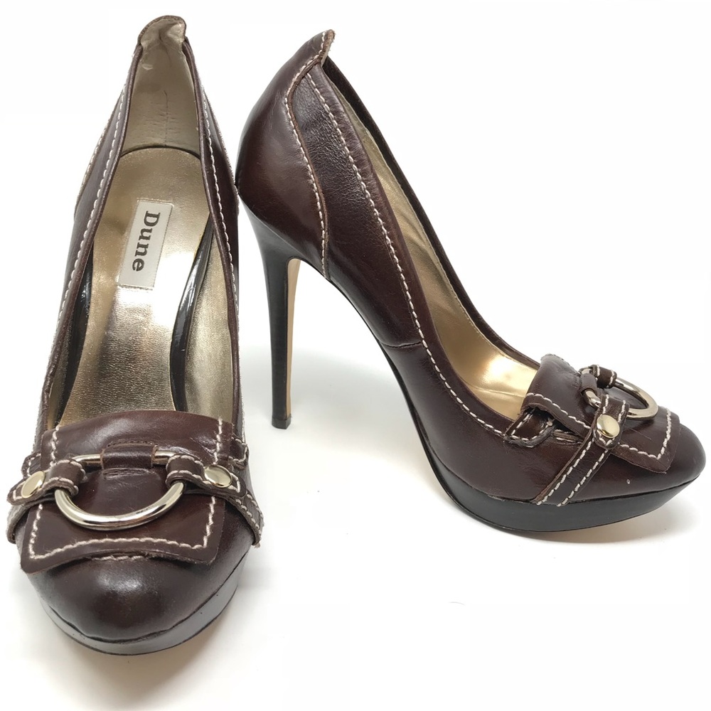 Dune London Brown Leather Stiletto Buckle Heels
